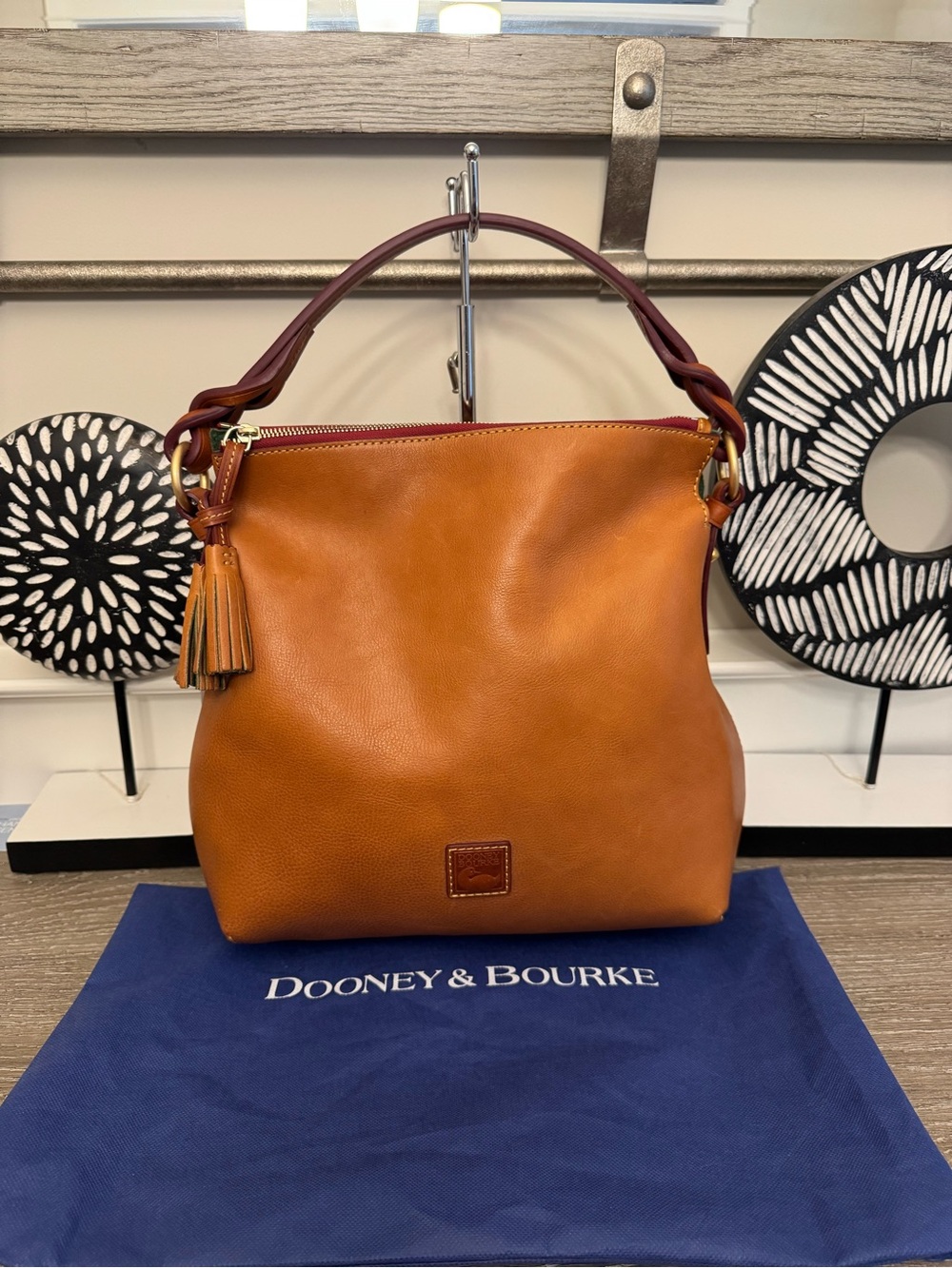 Dooney & Bourke Tan Leather Hobo Shoulder Bag with Tassel - Picture 3 of 15